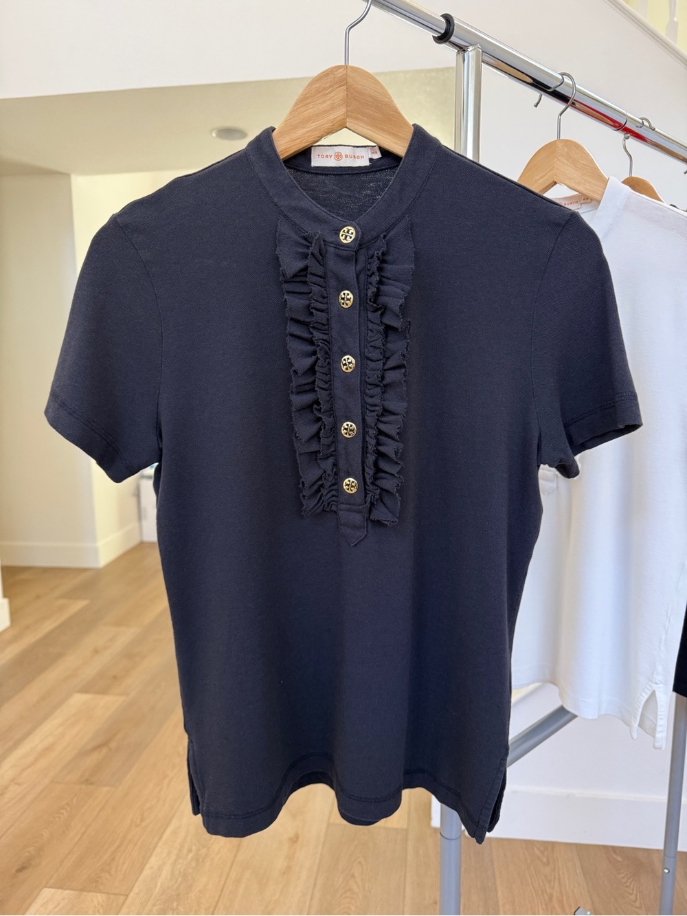 Tory Burch black Short-Sleeve Ruffled Placket Polo with Gold Buttons